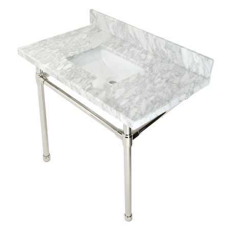 Fauceture KVPB36M8SQ6ST 36" Carrara Marble Vanity Top with Stainless Steel Legs, Marble White/Polished Nickel KVPB36M8SQ6ST